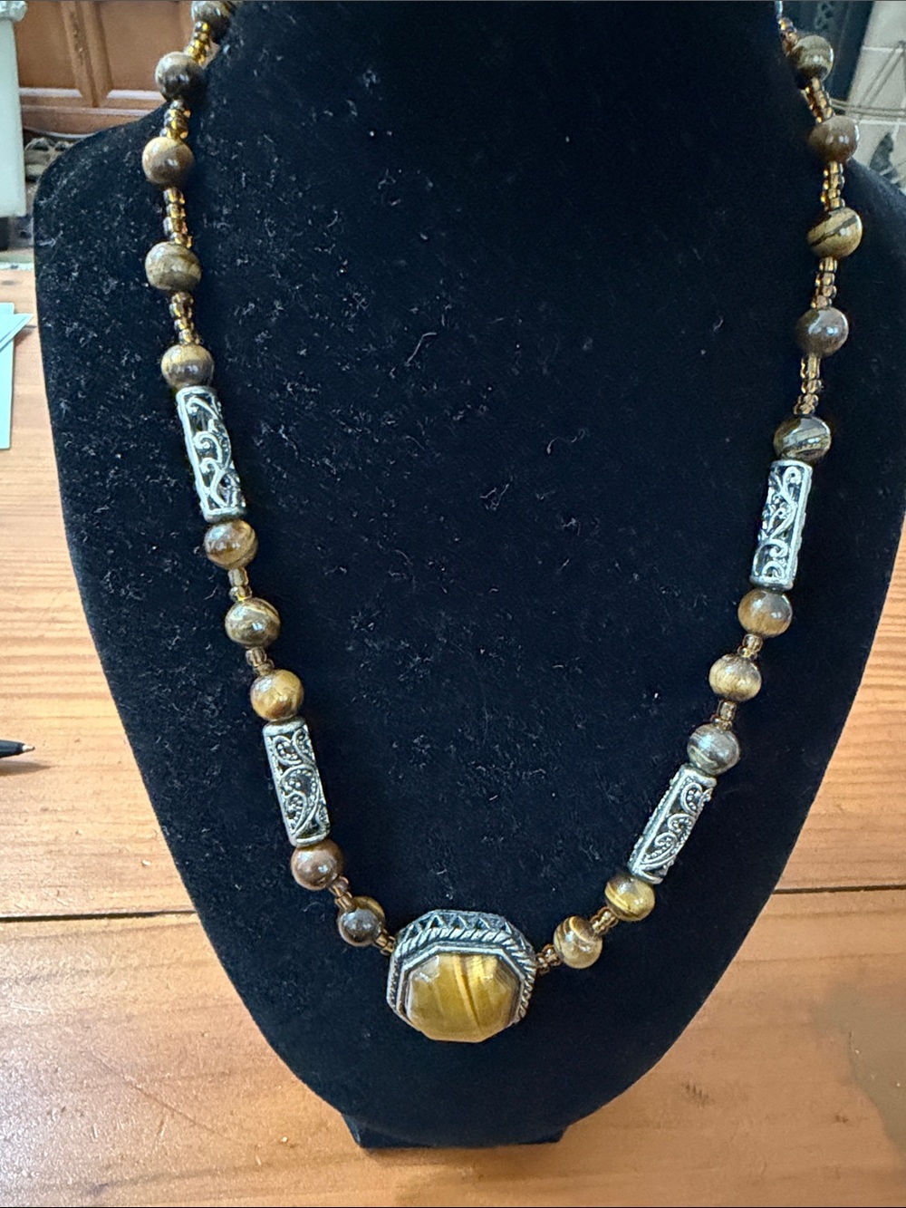 Tiger Eye and Silver-Tone Beaded Necklace